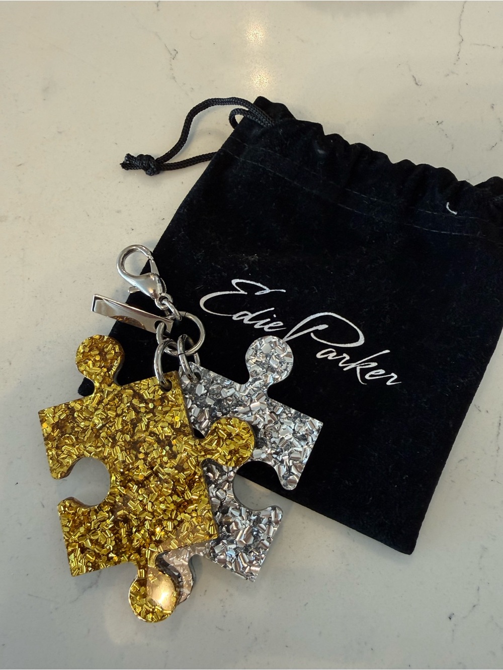 Edie Parker Metallic Gold & Silver Puzzle Piece Keychain